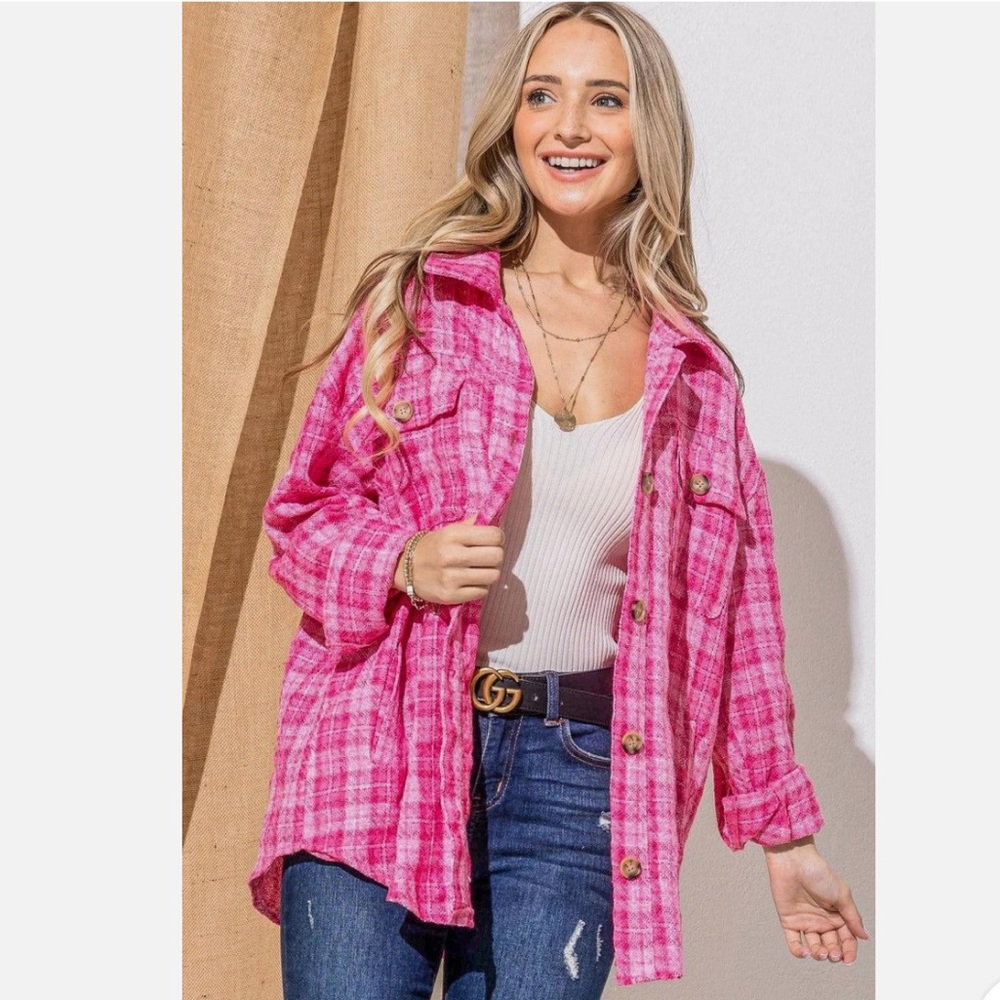 And The Why Pink Plaid Tweed Button Down Shirt Shacket Sz  L Fringe Pockets NWT
